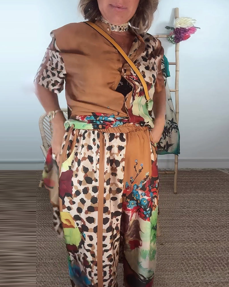 Retro fashion contrasting print two-piece set