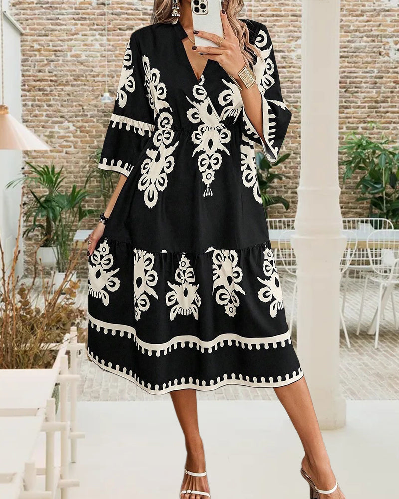 V-neck vintage printed loose dress casual dresses summer