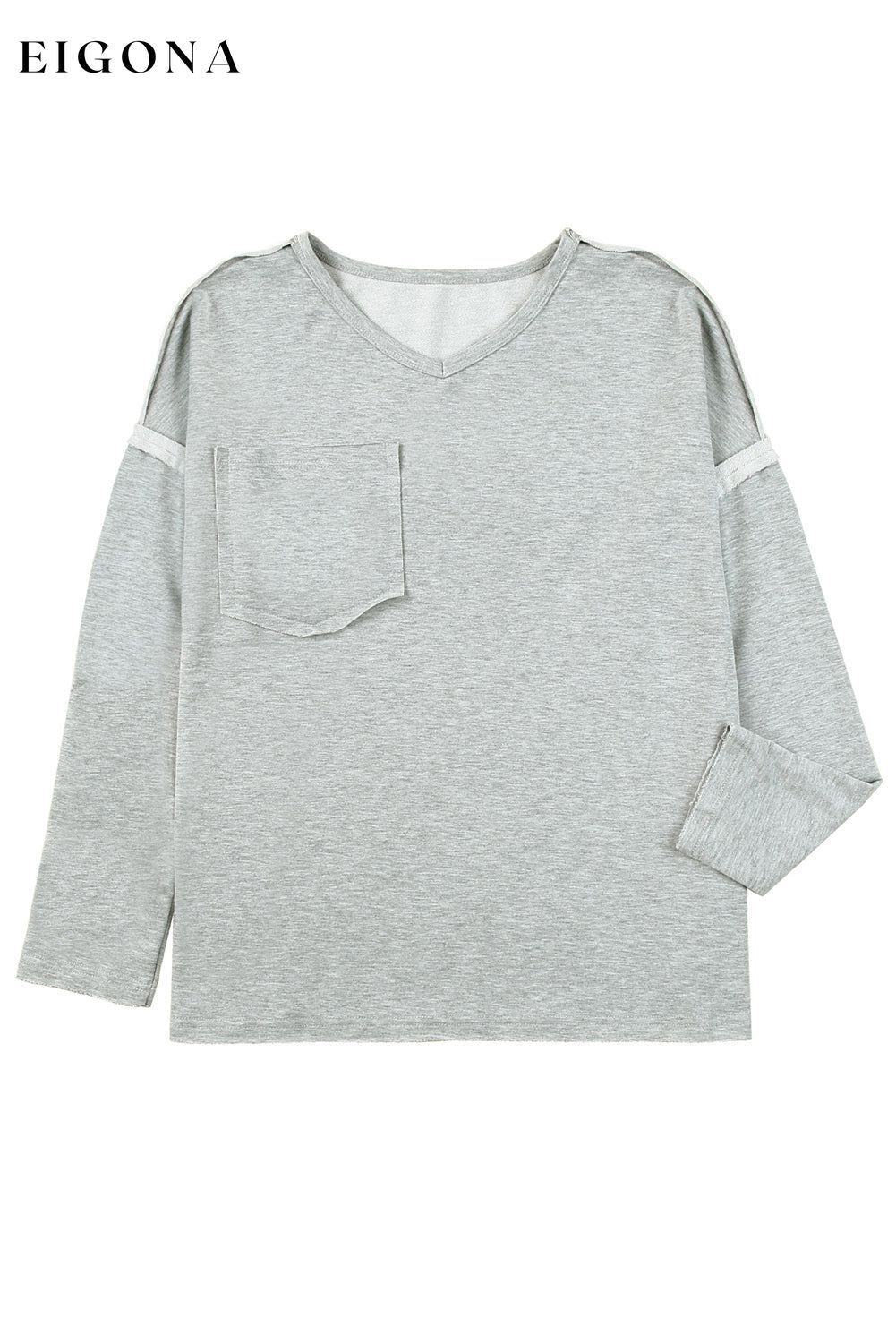 Gray Pocketed Oversized Drop Sleeve Top All In Stock clothes Craft Patchwork DL Exclusive Hot picks long sleeve shirts long sleeve top Occasion Daily Season Fall & Autumn Style Casual tops