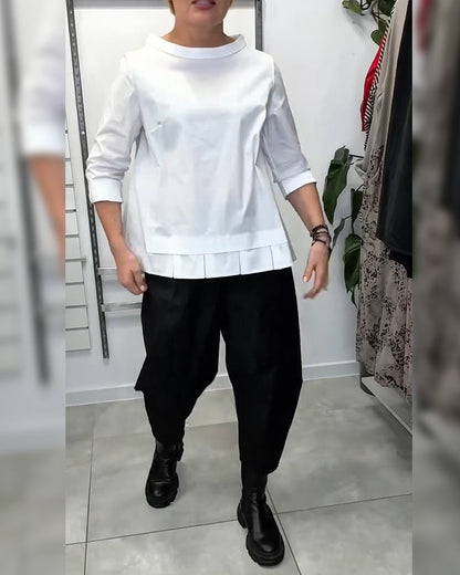 Wide-Collar Solid Color Casual Blouse