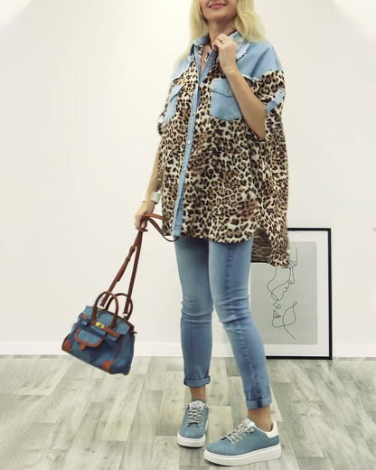 Casual leopard print denim patchwork shirt 2024 f/w blouses & shirts spring