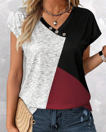 V-Neck Contrast Irregular T-Shirt