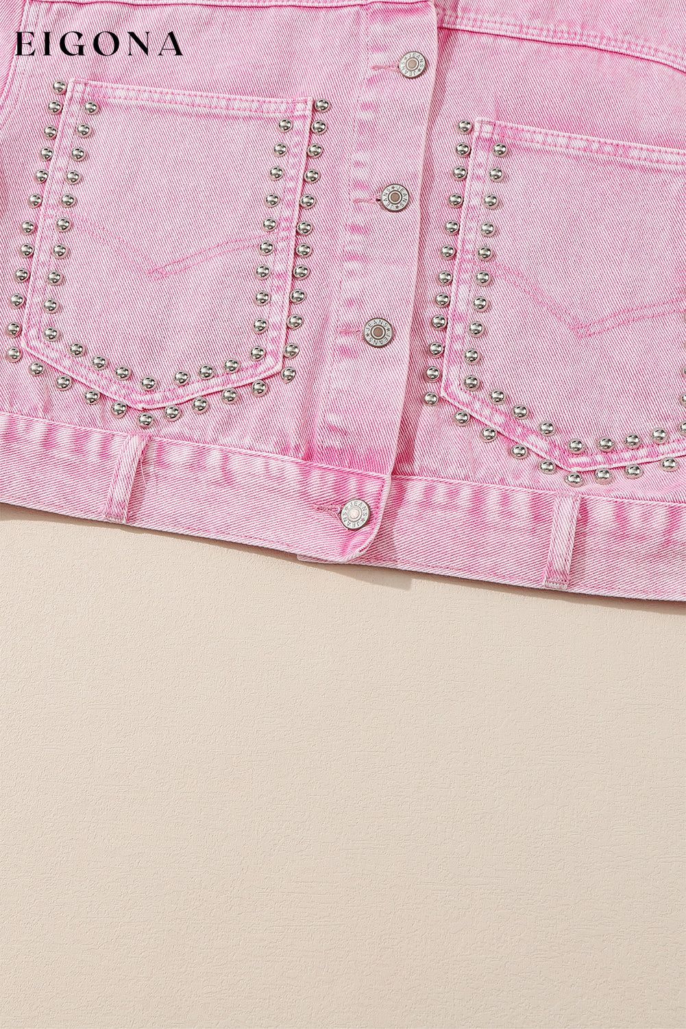 Pink Rivet Studded Pocketed Pink Denim Jacket All In Stock Category Shacket clothes Color Pink Craft Rhinestone Day Valentine's Day Fabric Denim Jackets & Coats Occasion Daily Print Solid Color Season Winter