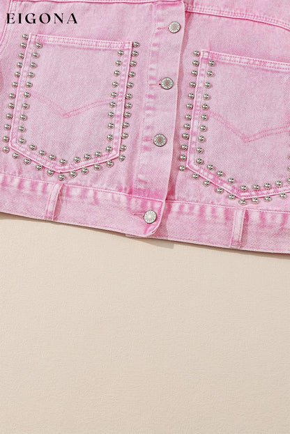 Pink Rivet Studded Pocketed Pink Denim Jacket All In Stock Category Shacket clothes Color Pink Craft Rhinestone Day Valentine's Day Fabric Denim Jackets & Coats Occasion Daily Print Solid Color Season Winter