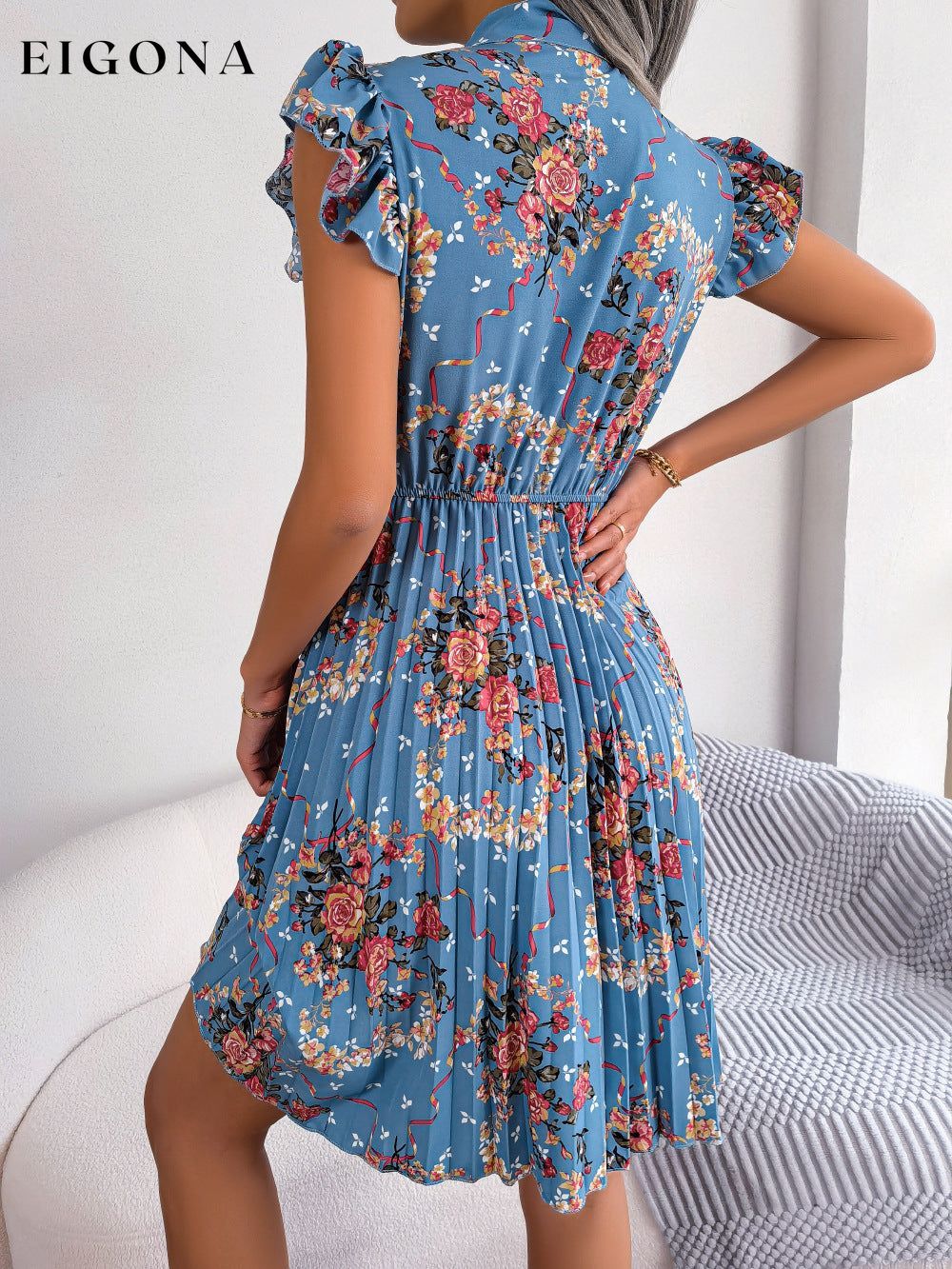 Pleated Floral Printed Tie Neck Knee Length Short Sleeve Dress B.J.S casual dress casual dresses clothes dress dresses Ship From Overseas short dress short dresses short sleeve dress short sleeve dresses