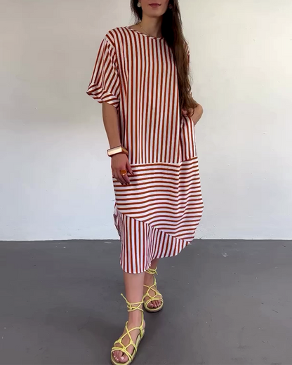 Short-Sleeved Loose-Fitting Striped Dress