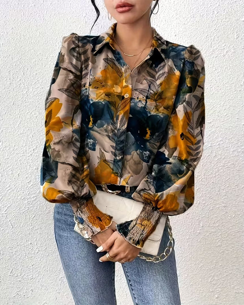 Smocked Long Sleeve Printed Blouse