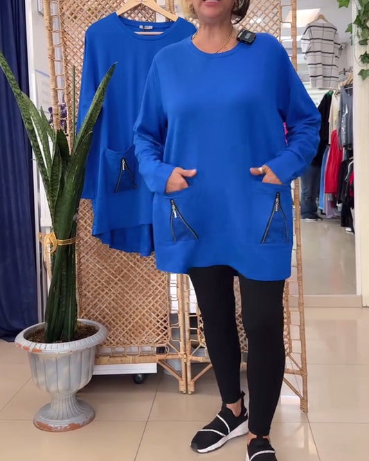 Sweatshirt mit Rundhalsausschnitt, einfarbig, Reißverschlusstasche