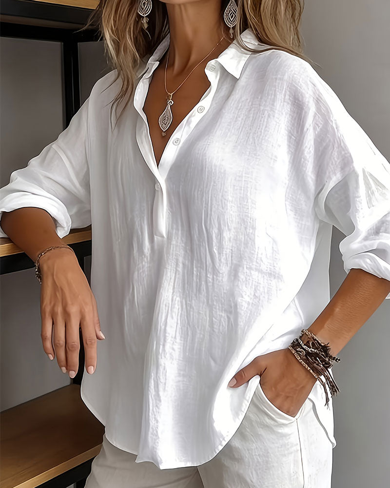Solid Color Lapel Half-Placket Long Sleeve Blouse