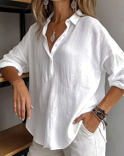 Solid Color Lapel Half-Placket Long Sleeve Blouse