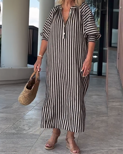 Puff Sleeve Button Slit Striped Dress