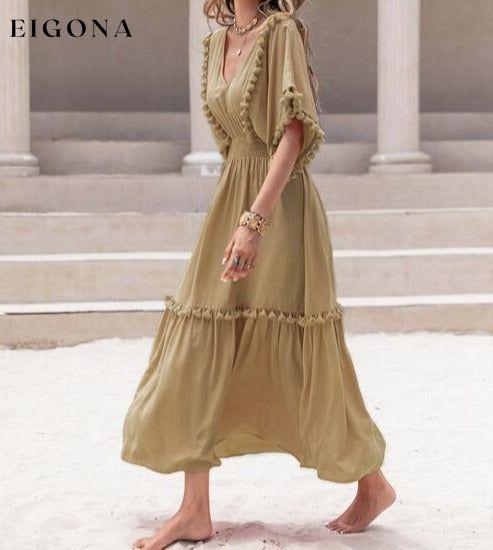 Tassel Trim Smocked V-Neck Short Sleeve Maxi Dress casual dresses clothes dress dresses H.R.Z long sleeve dress maxi dress Ship From Overseas short dress short sleeve short sleeve dress short sleeve dresses