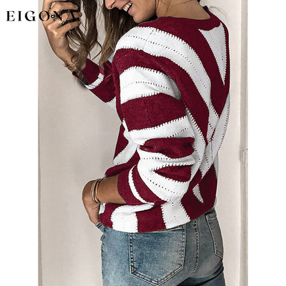 Color Block Striped V Neck Sweater for Women Long Sleeve Knit Pullover Jumper Tops __stock:50 clothes refund_fee:1200 tops