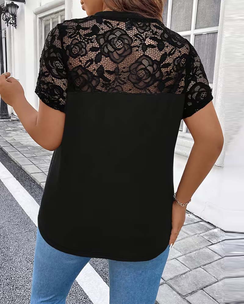 Lace Stitching V-Neck Wooden Button Blouse