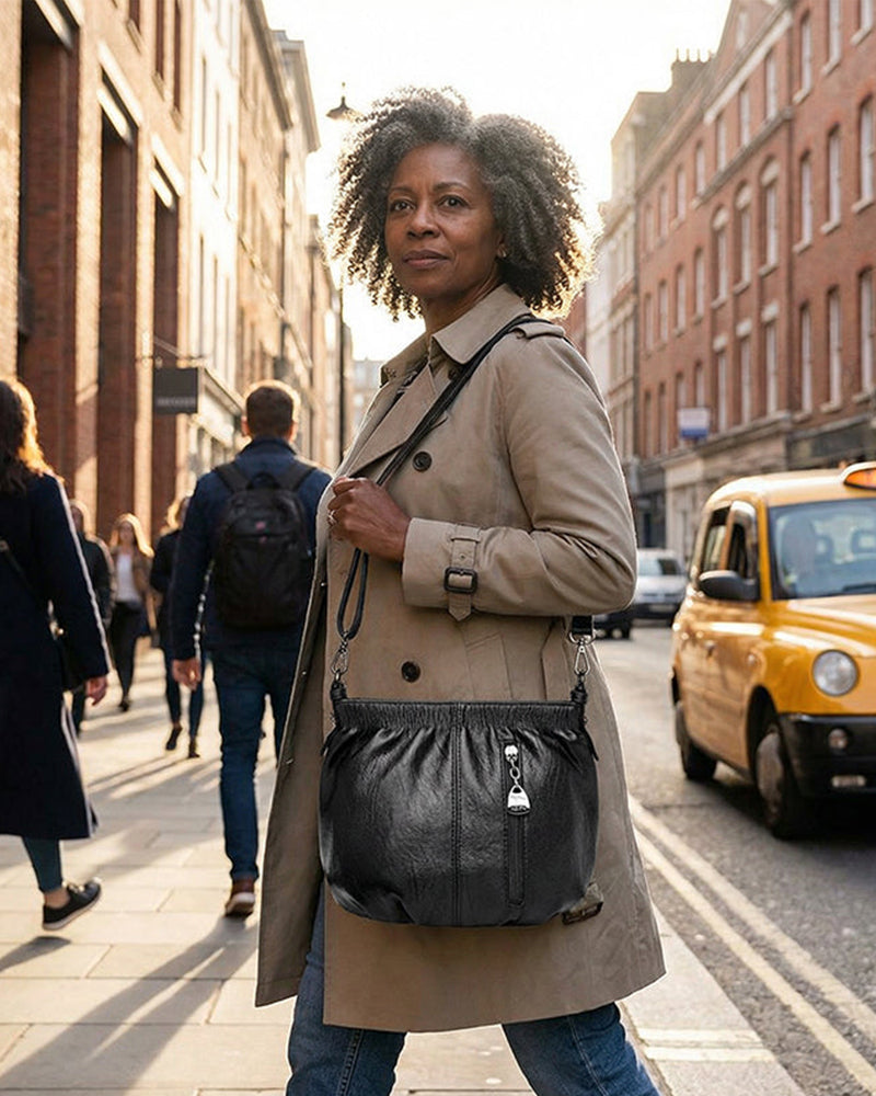 Casual Pleated Bucket Soft Leather Handbag