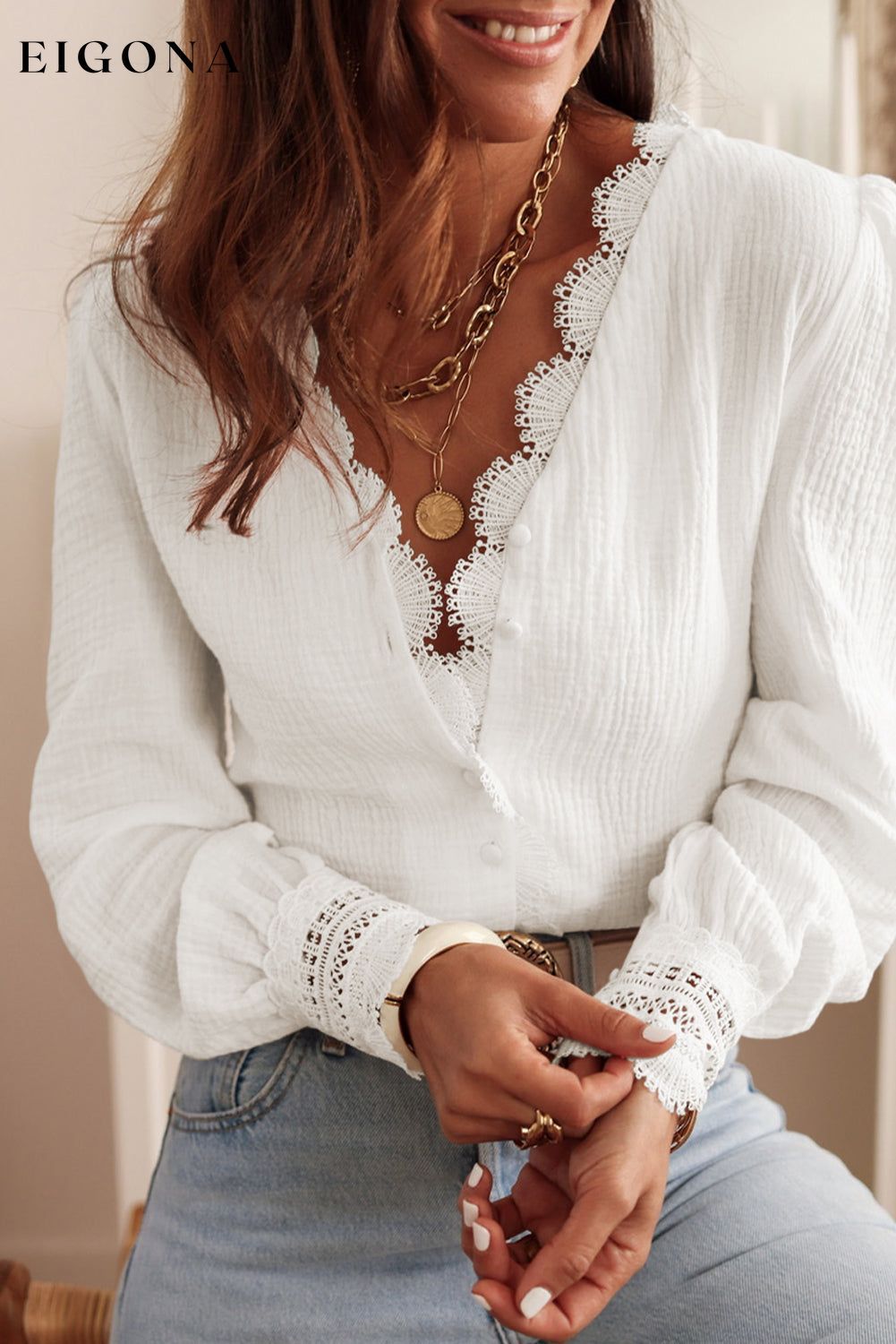 White Lace Crochet Trim Deep V Neck Textured Blouse All In Stock clothes Day Valentine's Day EDM Monthly Recomend Fabric Lace Fabric Linen long sleeve shirt long sleeve shirts long sleeve top Occasion Daily Print Solid Color Season Winter shirt shirts Style Elegant top tops