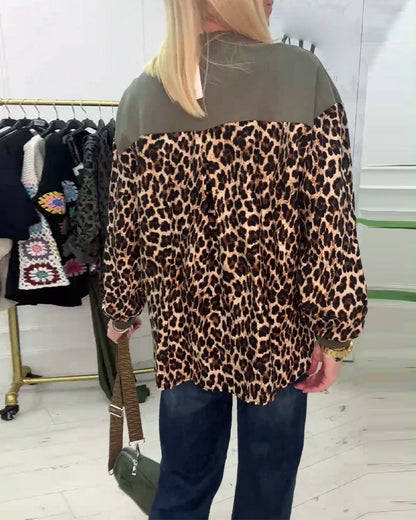 Fashionable leopard print stitching round neck sweatshirt 2024 f/w spring sweatshirts