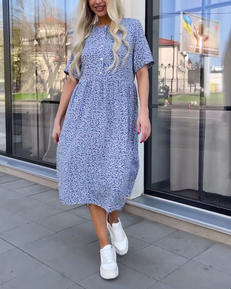 Mid-sleeve button floral dress casual dresses summer