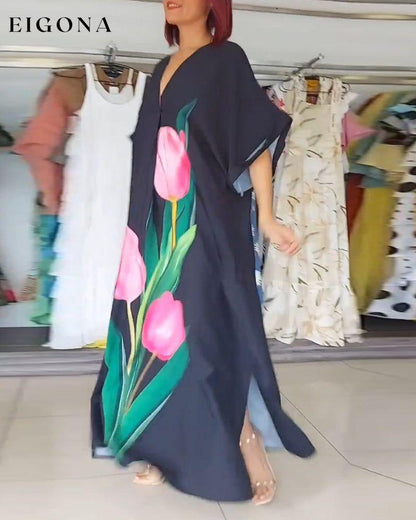 Floral print V-neck slit long dress casual dresses spring summer