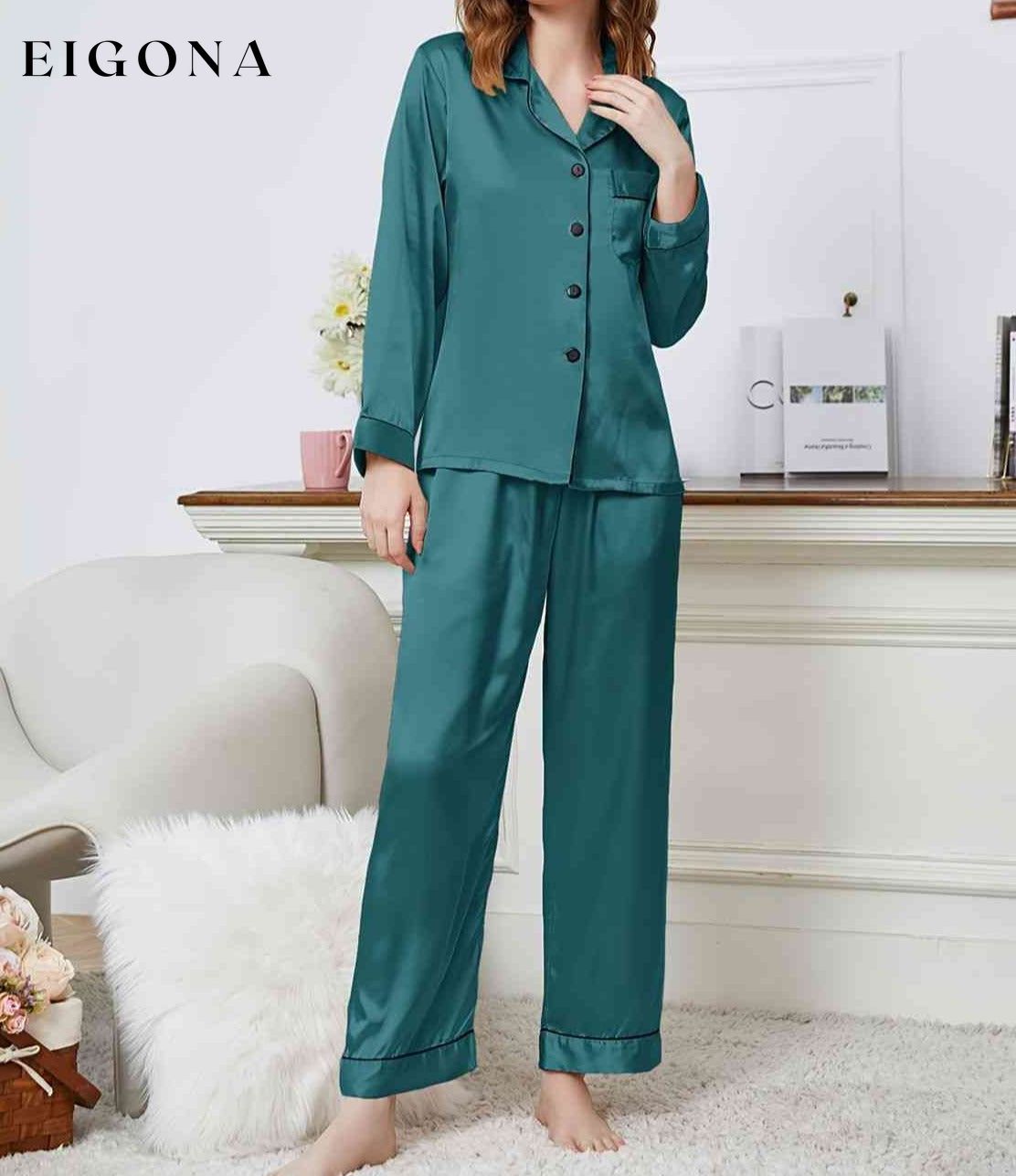 Lapel Collar Long Sleeve Top and Pants Pajama Set clothes Daniel.L lounge wear loungewear pajamas Ship From Overseas