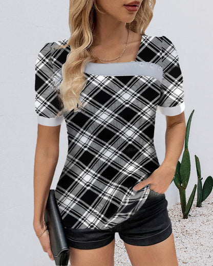 Square collar short sleeve plaid blouse blouses & shirts summer