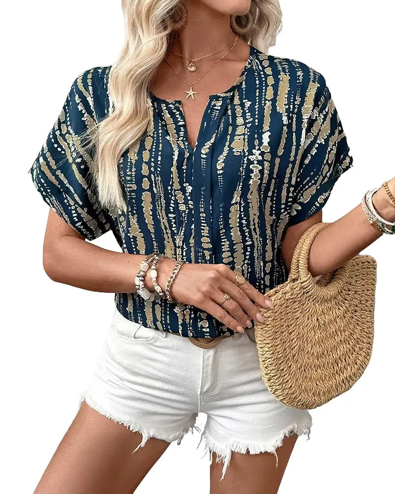 Tie-Dye Vertical Stripe Pattern Short Sleeve Blouse