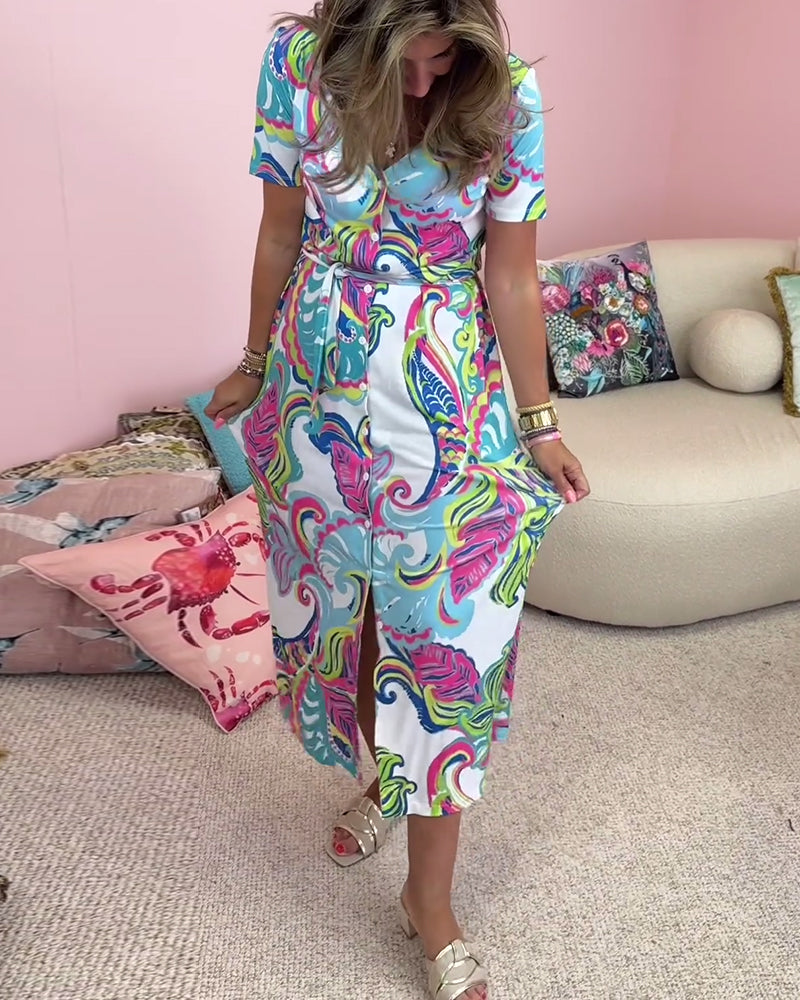 Printed V-neck slit casual dress casual dresses summer vacation dresses