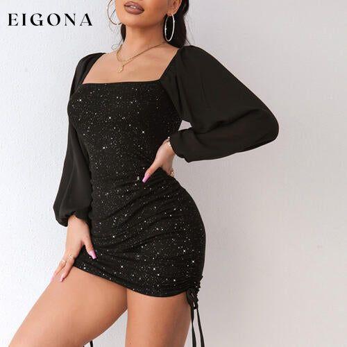 Square Neck Drawstring Ruched Sequin Long Sleeve Short Dress clothes D%W dress dresses formal dress formal dresses long sleeve dress long sleeve dresses mini dress sequin dress Ship From Overseas short dresses