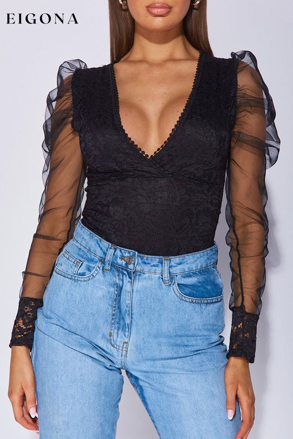 Black V Neck Lace Sheer Puff Sleeve Bodysuit blouse clothes DL Chic DL Exclusive puff sleeve shirt Season Spring top v neck shirt