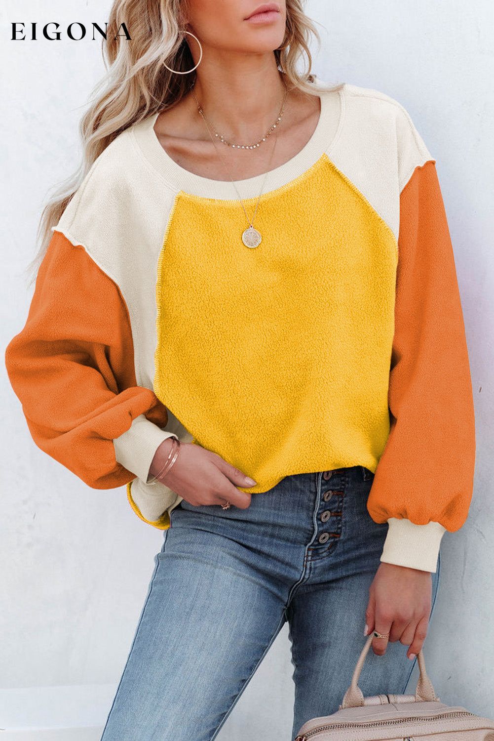 Orange Colorblock Long Sleeve Pullover Fleece Sweatshirt Orange 95%Polyester+5%Elastane clothes Color Multicolor Color Orange Color Yellow Craft Patchwork EDM Monthly Recomend Fabric Fleece Hot picks Occasion Daily Print Color Block Season Winter Style Southern Belle