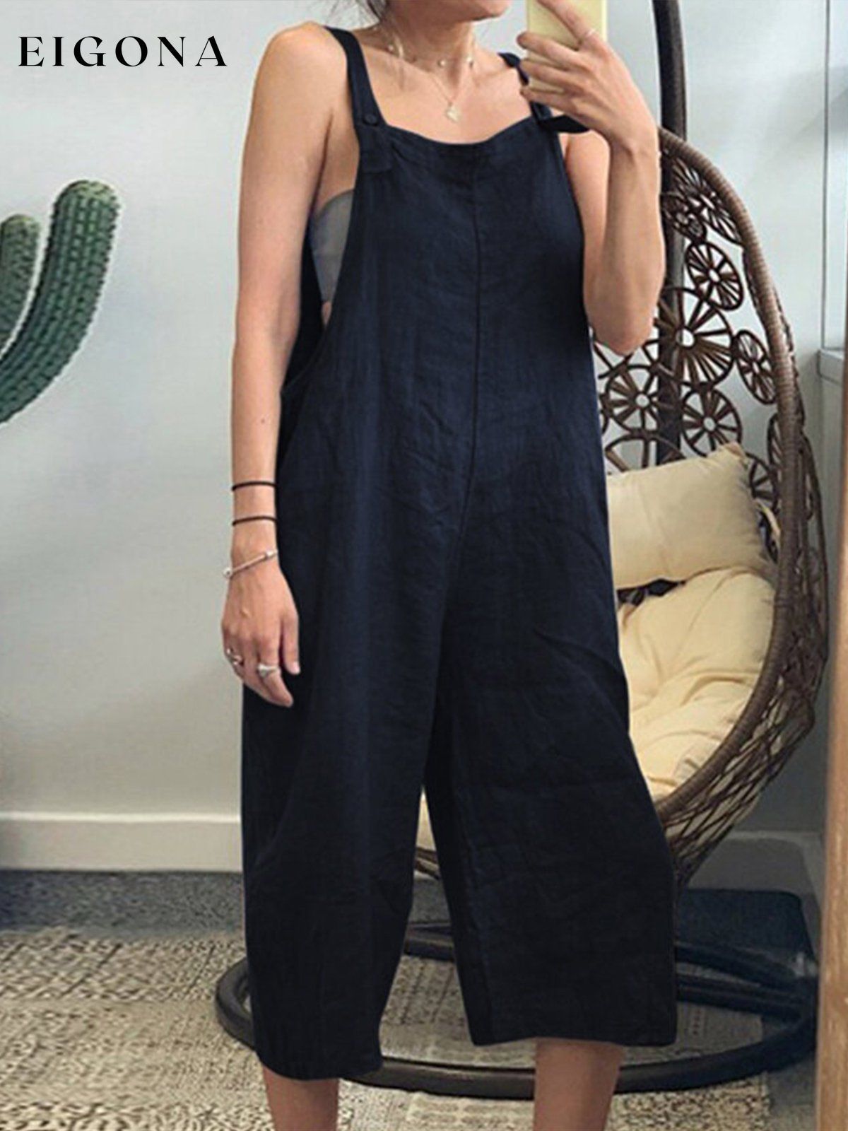 Women's Pure Color Cropped Wide Leg Overalls