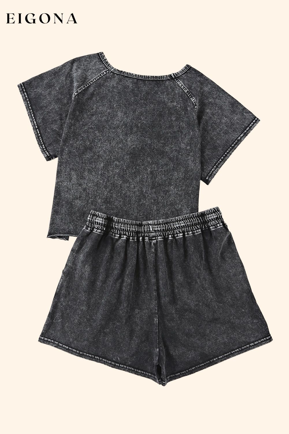 Black Acid Washed Short Lounge Set 2 pieces clothes Craft Washed Occasion Home Print Solid Color Season Summer set short set Style Casual