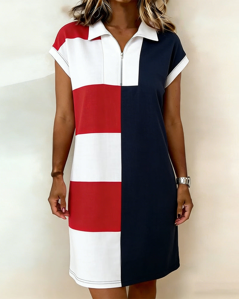 Short-Sleeved Striped Color-Blocked Dress