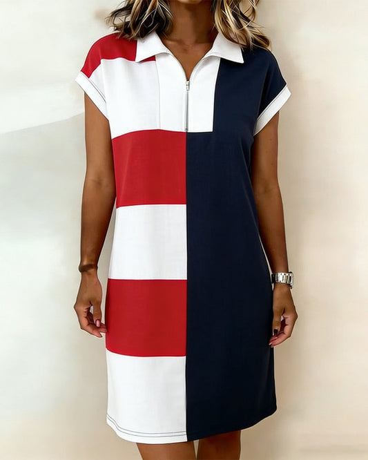 Short-Sleeved Striped Color-Blocked Dress