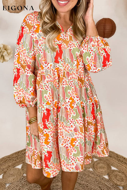 Multicolour Split Neck Puff Sleeve Flowy Printed Dress Multicolour 100%Polyester Best Sellers clothes Color Multicolor Color Orange EDM Monthly Recomend Hot picks Occasion Daily Print Floral Season Spring Silhouette A-Line Style Southern Belle