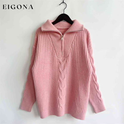 Ribbed Half Zip Long Sleeve Sweater Dusty Pink clothes S.X Ship From Overseas