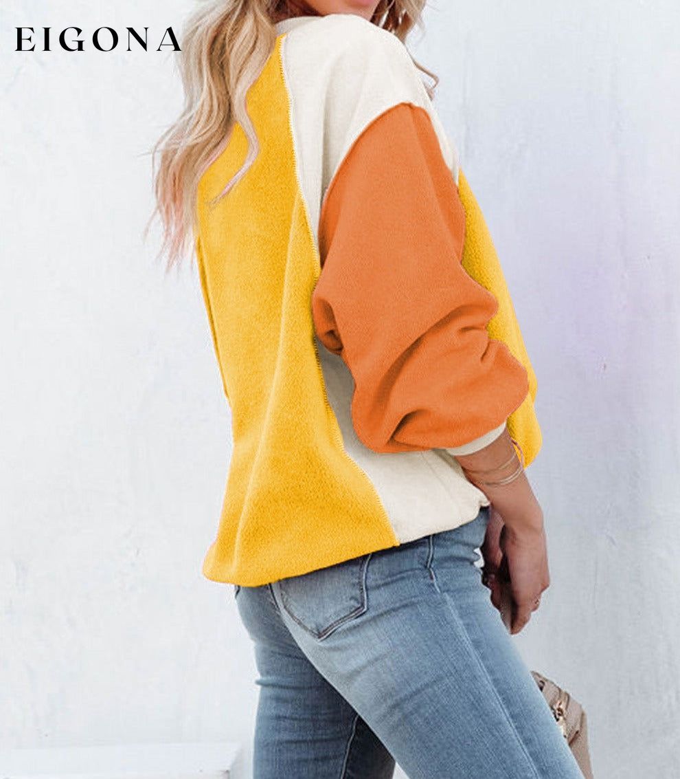 Orange Colorblock Long Sleeve Pullover Fleece Sweatshirt clothes Color Multicolor Color Orange Color Yellow Craft Patchwork EDM Monthly Recomend Fabric Fleece Hot picks Occasion Daily Print Color Block Season Winter Style Southern Belle