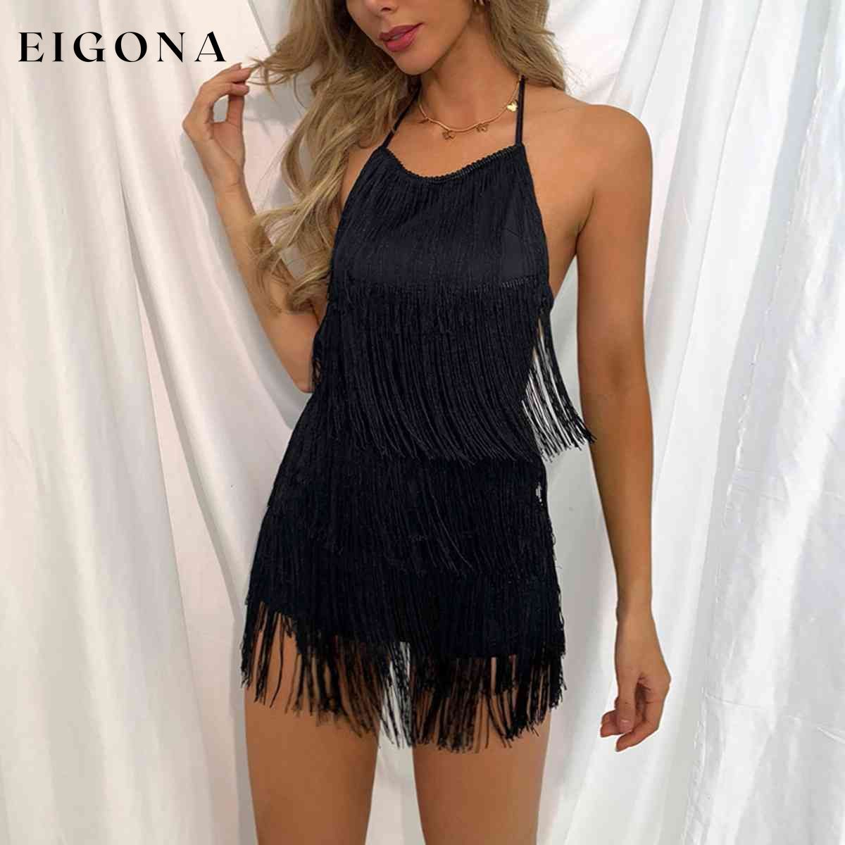 Fringed Halter Neck Tied Back Mini Dress clothes D%W Ship From Overseas