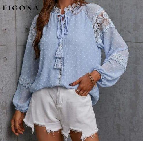 Crochet Tassel Tie Neck Long Sleeve Blouse Misty Blue clothes G@S Ship From Overseas