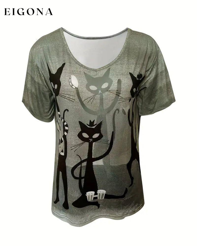 Cat print casual short sleeve top blouses & shirts summer