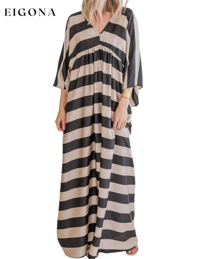 Black V Neck Kimono Sleeve Striped Maxi Dress All In Stock clothes Occasion Daily Print Color Block Season Spring Silhouette A-Line Style Casual