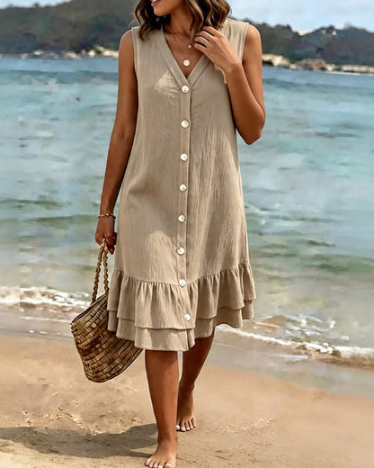 V-Neck Sleeveless Double Layer Ruffle Dress