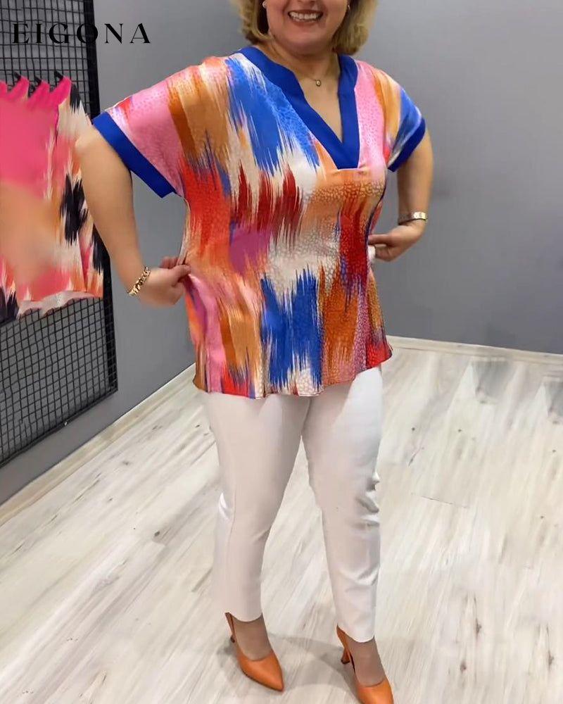 Colorful V-neck short-sleeved top blouses & shirts spring summer