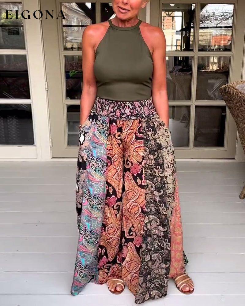 Printed pocket wide leg pants pants spring summer