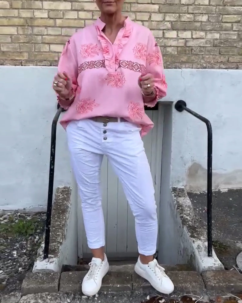 Camicetta stampata a maniche lunghe in pizzo