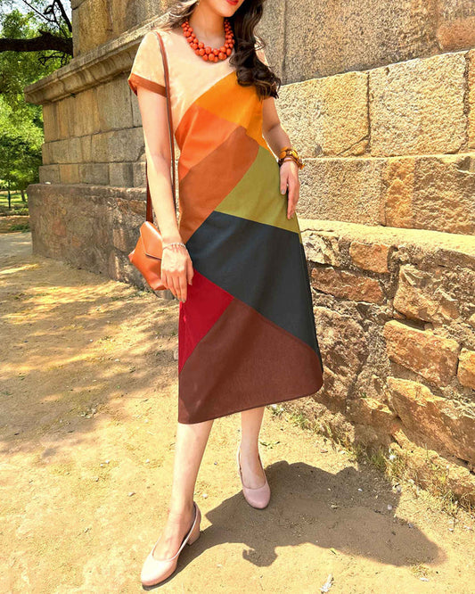 Colorful Geometric Pattern Waist Dress