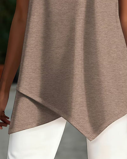 Solid Color Round Neck Irregular Hem T-Shirt