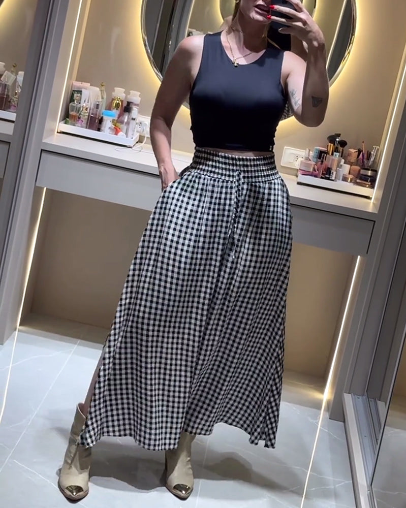 High waist plaid slit skirt casual dresses spring summer