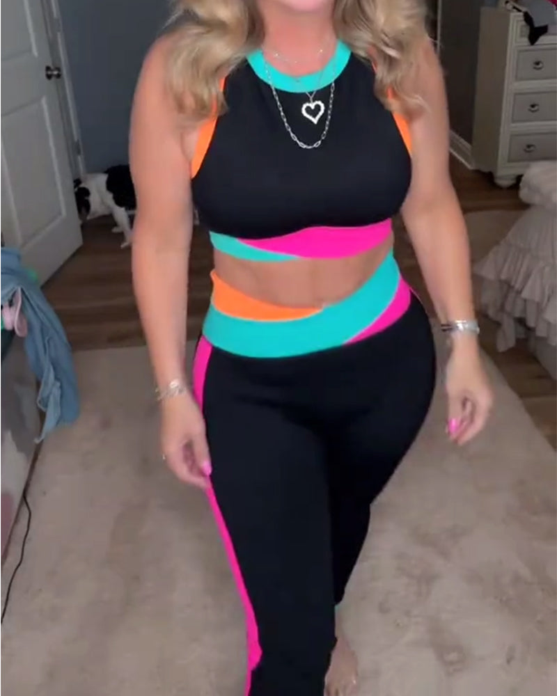 Sporty Color-Blocked Sleeveless Two-Piece Set