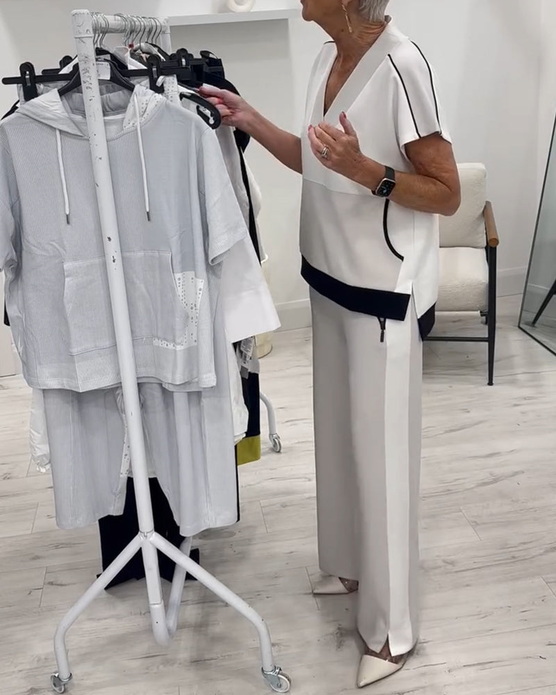 V-Neck Color Matching Slit Casual Suit